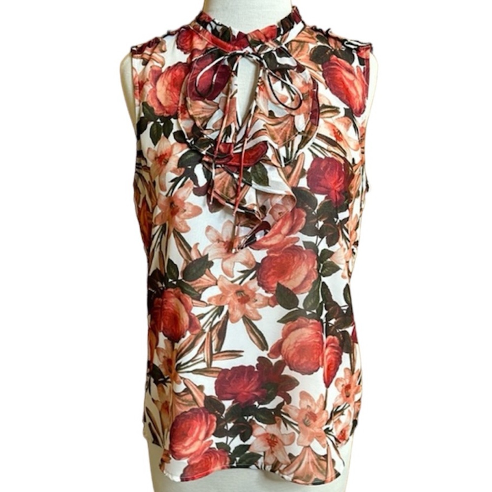 Karl Lagerfeld Paris Flame Scarlet Floral Sleeveless Blouse with Tie and Lining